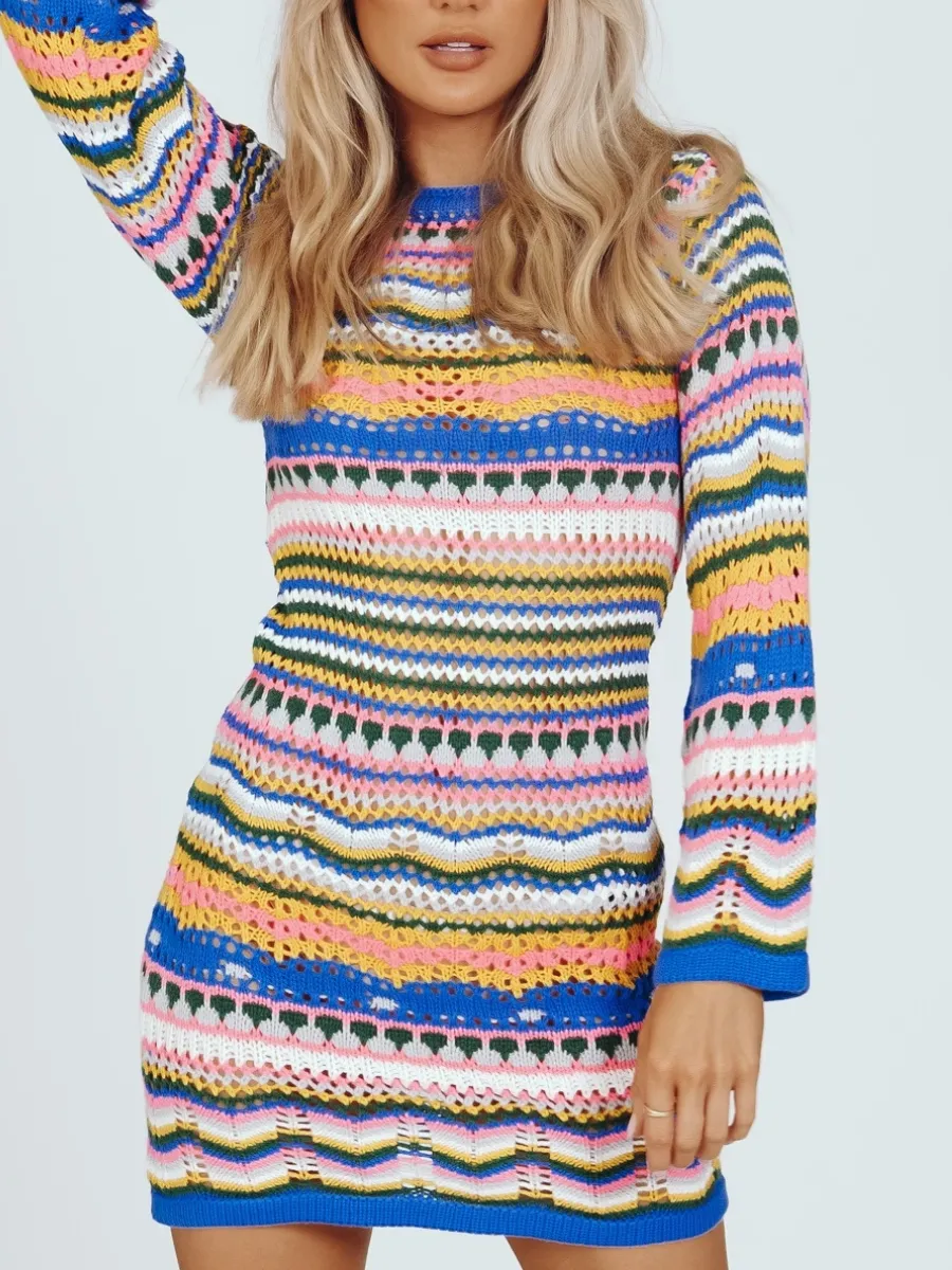 Zig Zag Crochet Knit Dress - Blue