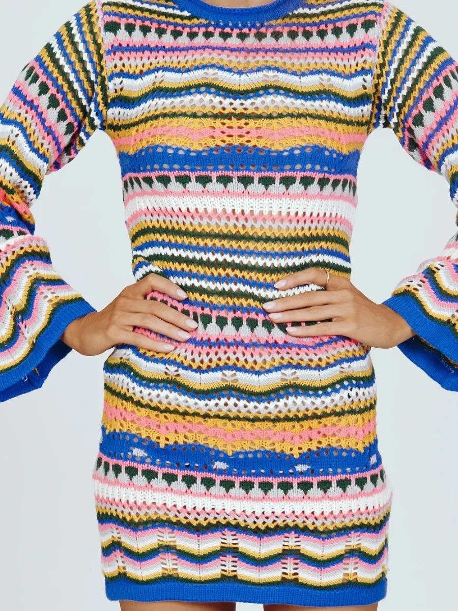Zig Zag Crochet Knit Dress - Blue