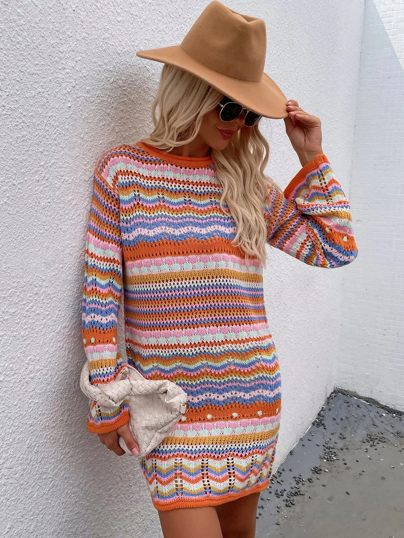 Zig Zag Crochet Knit Dress - Orange