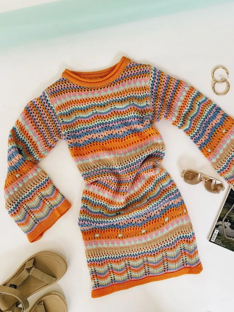 Zig Zag Crochet Knit Dress - Orange