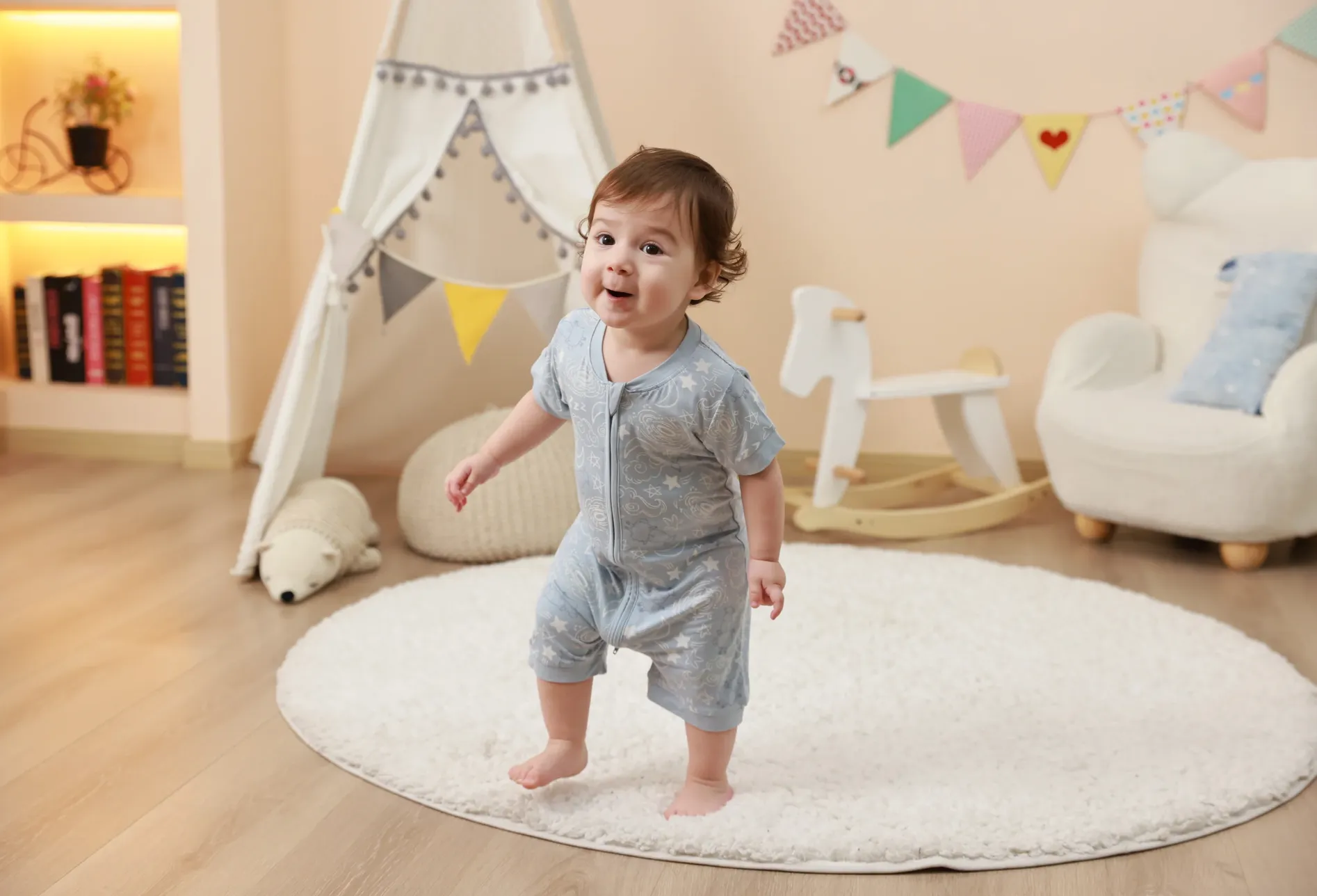 Zip Short Sleeve Romper Baa Baa in the Universe Blue