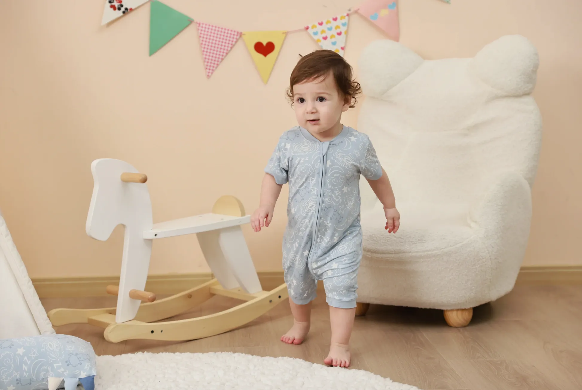 Zip Short Sleeve Romper Baa Baa in the Universe Blue