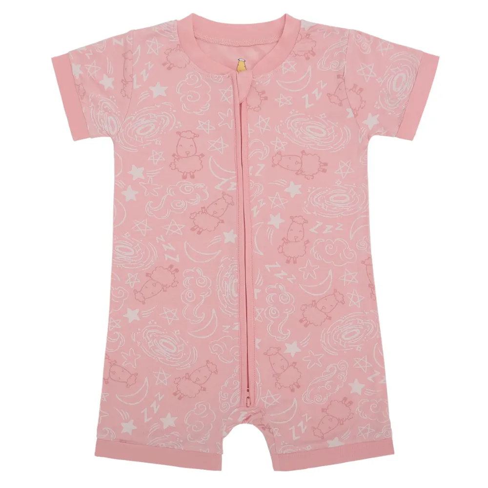 Zip Short Sleeve Romper Baa Baa in the Universe Pink