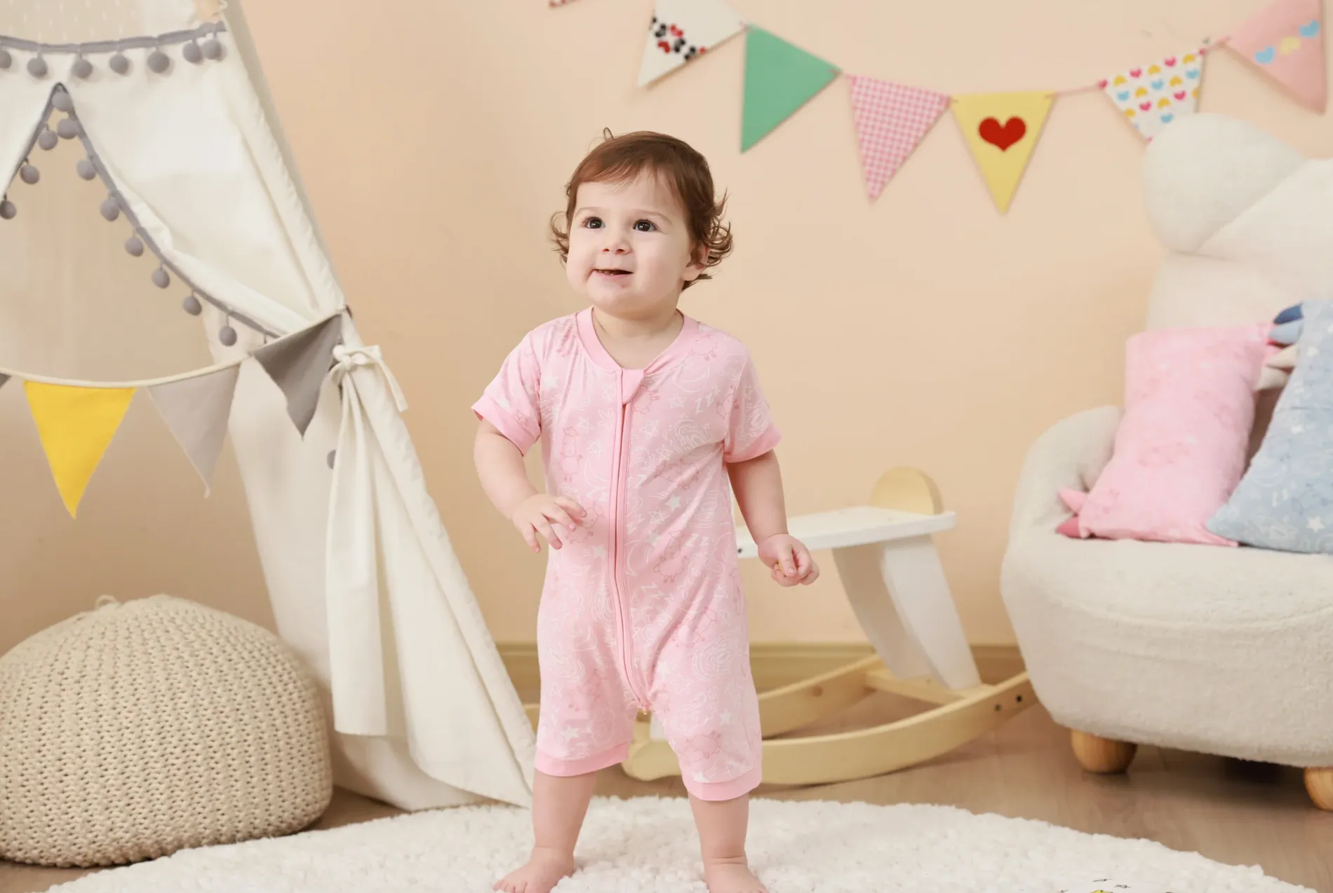 Zip Short Sleeve Romper Baa Baa in the Universe Pink